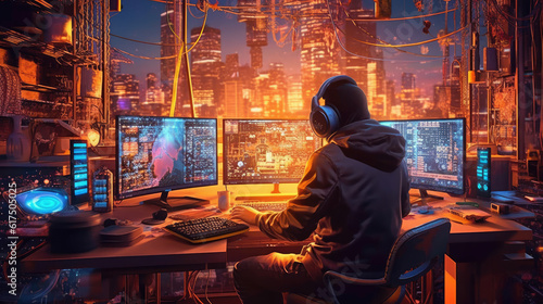 Cyber attack with unrecognizable hooded hacker.Hacker steal money in the office.