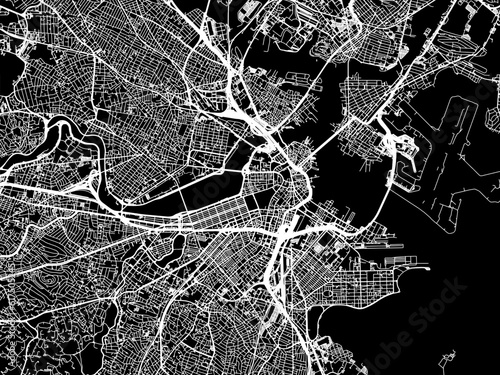 Vector road map of the city of  Boston Massachusetts in the United States of America with white roads on a black background.