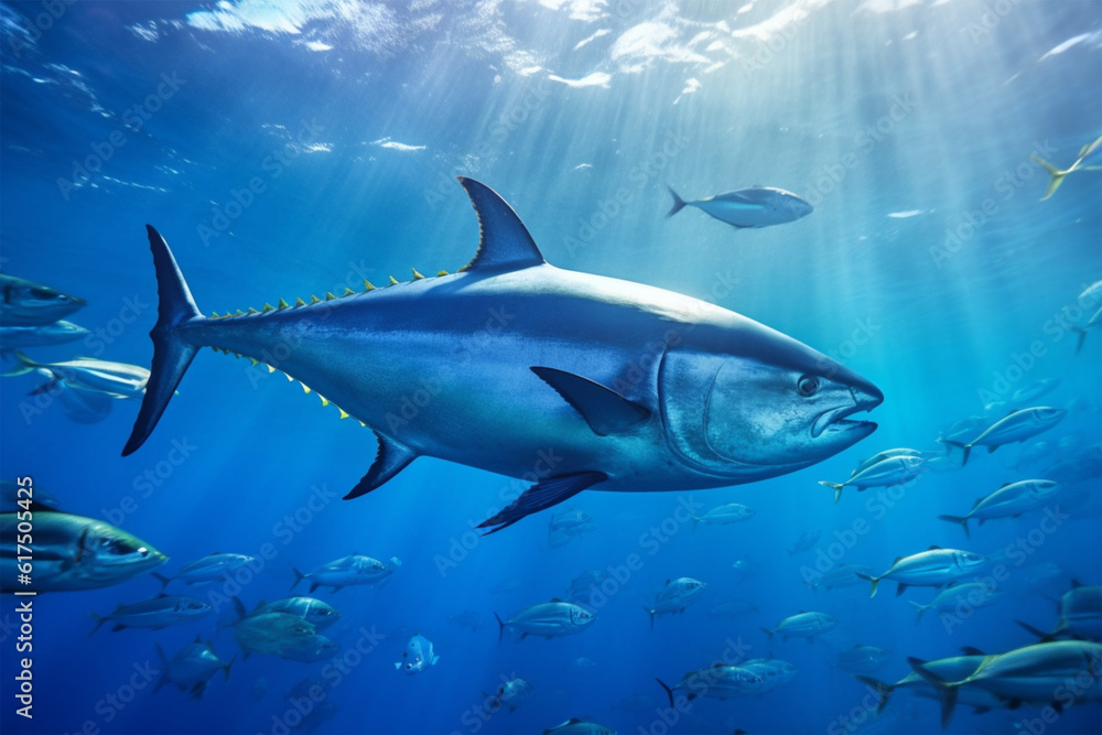 Tuna in the deep blue ocean. Underwater world. 3d rendering