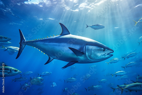 Tuna in the deep blue ocean. Underwater world. 3d rendering