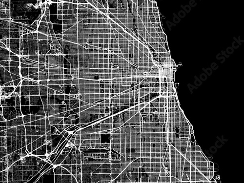 Vector road map of the city of  Chicago Illinois in the United States of America with white roads on a black background.