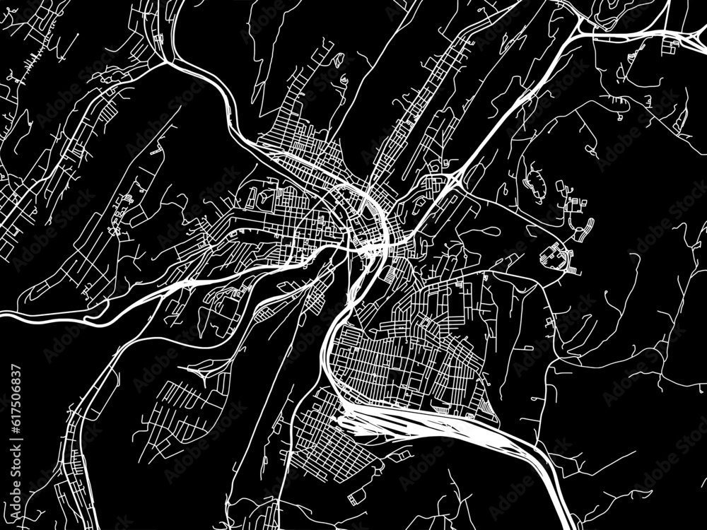 Vector road map of the city of  Cumberland Maryland in the United States of America with white roads on a black background.