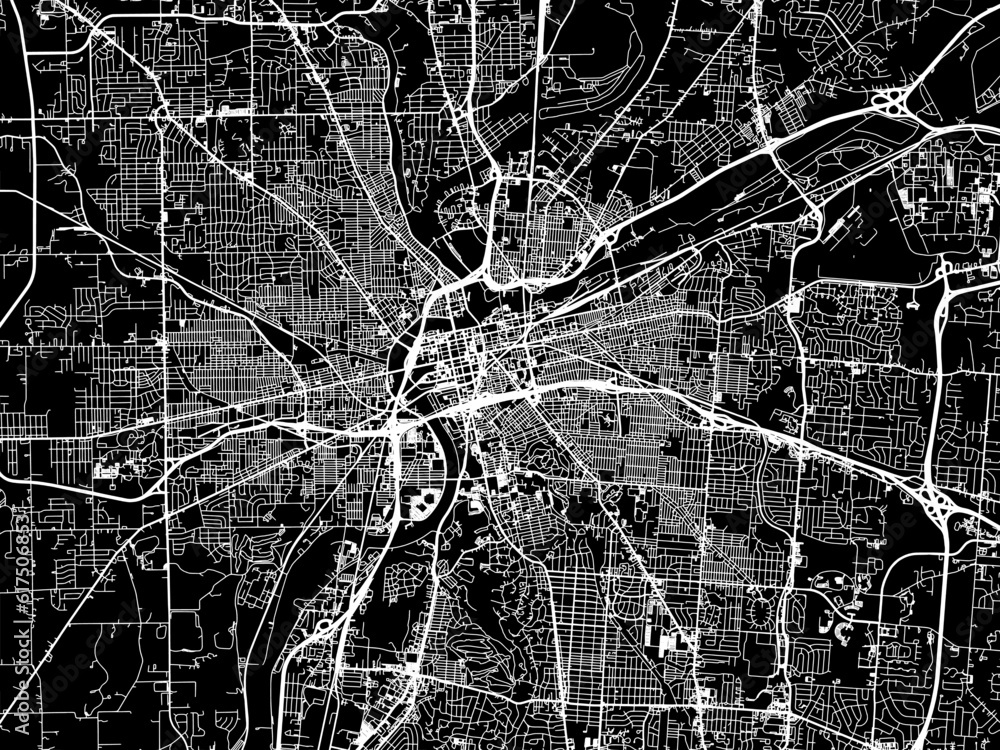 Vector road map of the city of  Dayton Ohio in the United States of America with white roads on a black background.