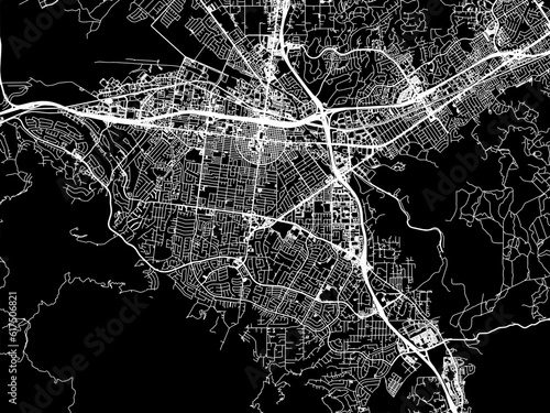 Vector road map of the city of Corona California in the United States of America with white roads on a black background.