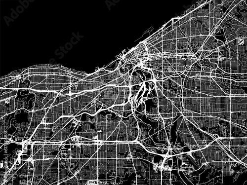 Vector road map of the city of  Cleveland Ohio in the United States of America with white roads on a black background.