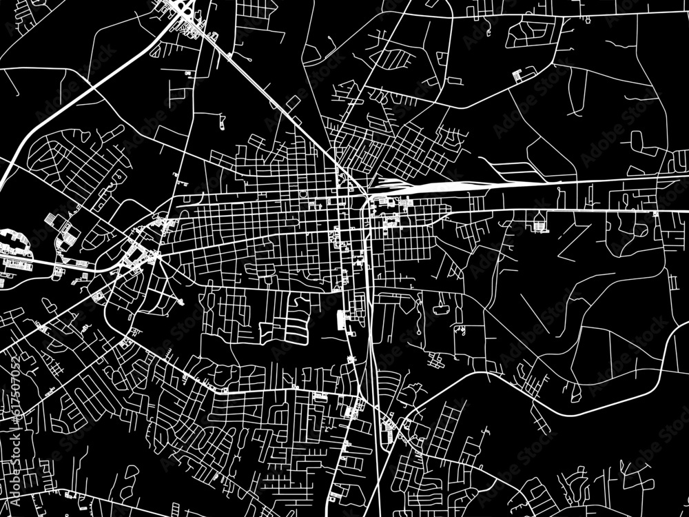 Vector road map of the city of  Florence South Carolina in the United States of America with white roads on a black background.