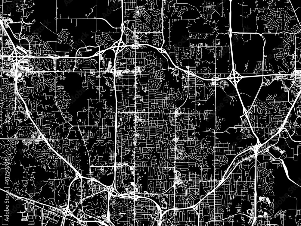 Vector road map of the city of  Gladstone Missouri in the United States of America with white roads on a black background.
