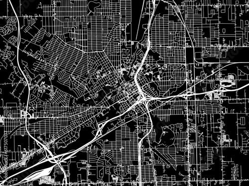 Vector road map of the city of Flint Michigan in the United States of America with white roads on a black background.