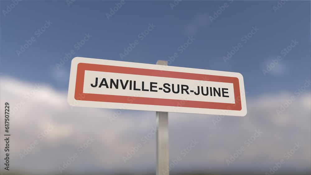 A sign at Janville-sur-Juine town entrance, sign of the city of Janville sur Juine. Entrance to the municipality. A sign at Janville-sur-Juine town entrance, sign of the city of Janville sur Juine. Entrance to the municipality.