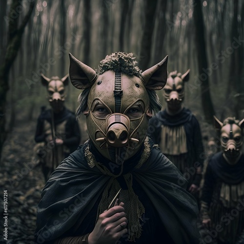 a tribe with pig mask in the forest creepy 