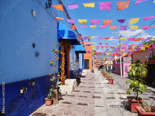 Photography geschmückte Straße im Barrio de Xochimilco in  Oaxaca Mexiko  anlässlich des Dia
