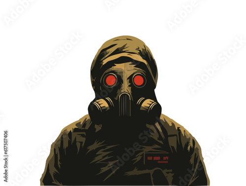 Cartoon illustration of a man in a gas mask and overalls on an isolated background. Vector illustration