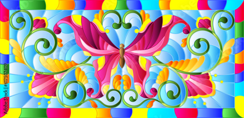 Stained glass illustration with abstract butterfly and flowers, leaves on a light background, horizontal image, in a bright frame