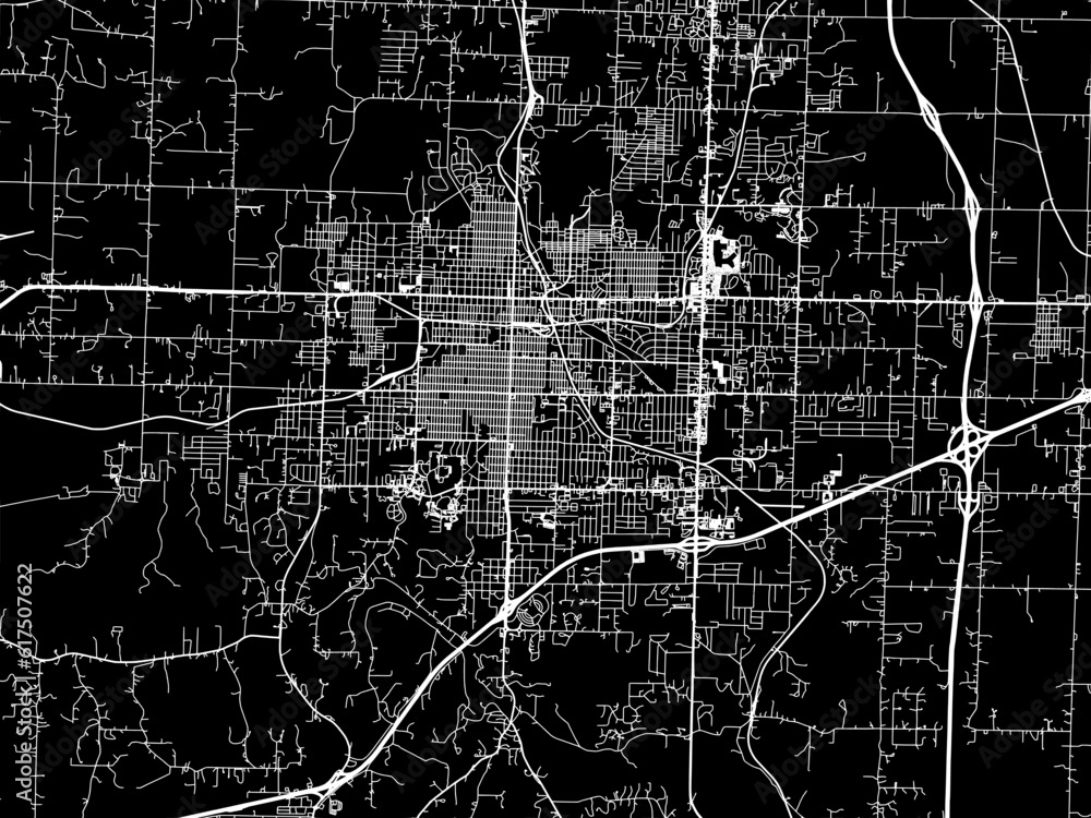 Vector road map of the city of  Joplin Missouri in the United States of America with white roads on a black background.
