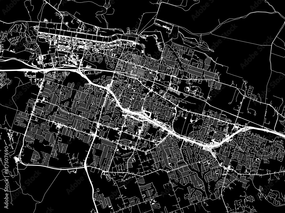 Vector road map of the city of  Killeen Texas in the United States of America with white roads on a black background.