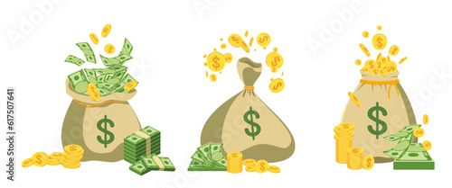 Money bag with money set. Dollar coins and banknotes.
