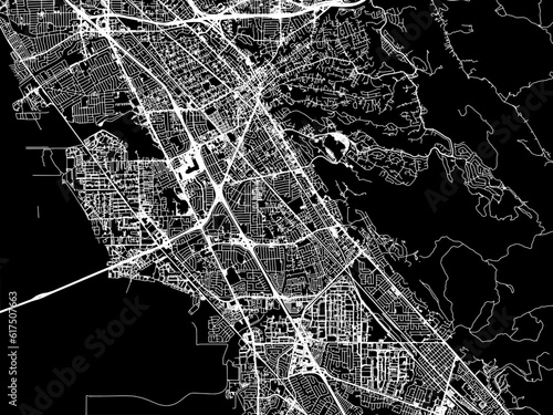 Vector road map of the city of  Hayward California in the United States of America with white roads on a black background. photo