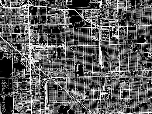 Vector road map of the city of  Hialeah Florida in the United States of America with white roads on a black background.