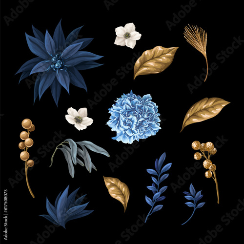 Blue poinsettia, white flowers and gold elements isolated. Vector.