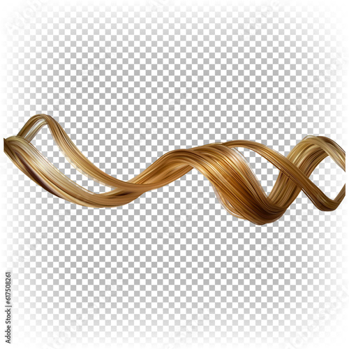 Wavy strand of blond female hair. 3d realistic vector image isolated on transparent background.