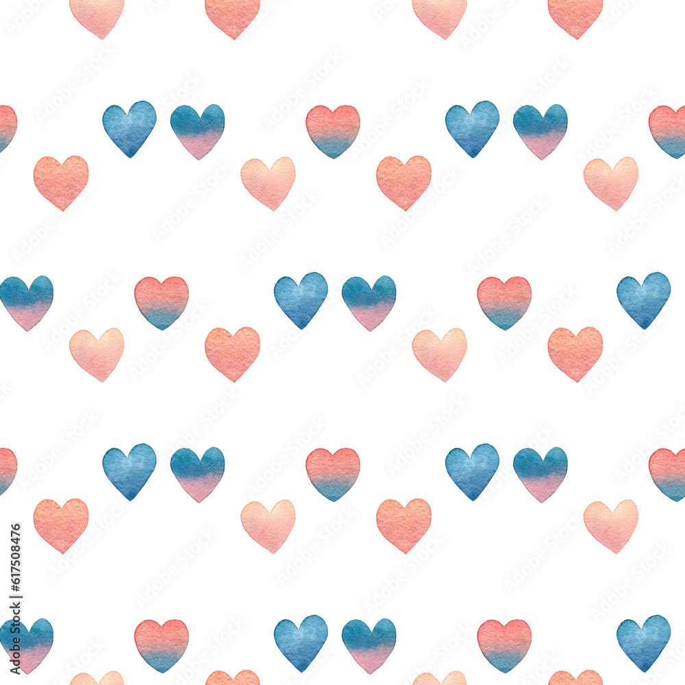 watercolor Valentine seamless pattern with gradient hearts on white background. hand drawn illustration