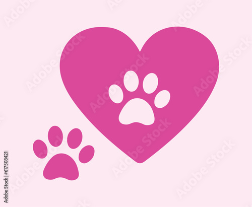 Love, heart, pink. Dog, cat, pet. Animal, cute, puppy. Silhouette. minimal art. Paws, footprints. Vector, design. icon, symbol