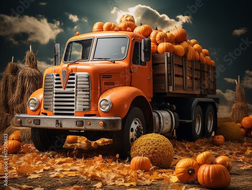 illustrazione di classico furgone autunnale, foliage, zucche ,colori caldi dell'autunno,  sfondo digitale per foto di bambini, compleanni photo