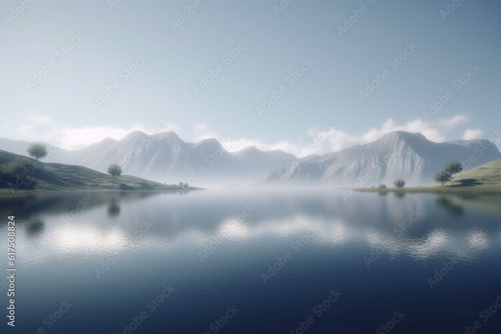 A minimalist landscape with a scenic lake or pond, Generative AI