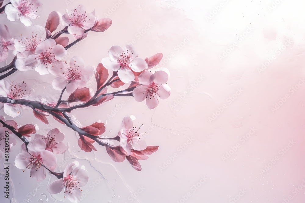 cherry blossom background, Serenity in Pink: A Delicate Photograph of a Flowering Cherry Branch Bordering a Polished Light Pink Background, Evoking Feminine Sensibilities and Captivating