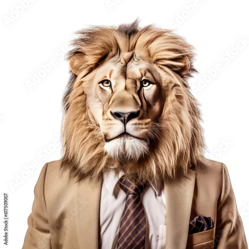  a lion dressed in formal attire  wearing a suit and tie