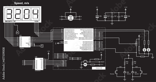 Schematic diagram of electronic device with motor on arduino.
Vector drawing electrical circuit with button, resistor, microcontroller,
 lcd display
and other electronic components.