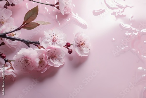 cherry blossom background, Serenity in Pink: A Delicate Photograph of a Flowering Cherry Branch Bordering a Polished Light Pink Background, Evoking Feminine Sensibilities and Captivating photo