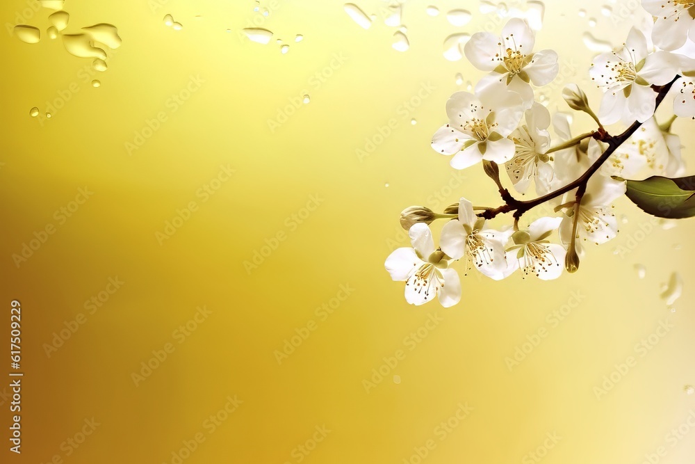 cherry blossom background, Tranquil Elegance: A Delicate Photograph of a White Flowering Branch Bordering a Polished Light Yellow Background, Evoking Feminine Sensibilities and Captivating