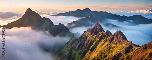 The landscape of the Madeira Mountains with peaks above the clouds. generative ai