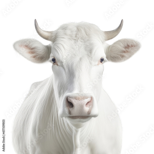  a cow's face in close-up on a white background