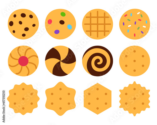 Flat cookies set isolated on white background. Yummy baked biscuit collection element design. Traditional crispy treat sign. Oatmeal chocolate cracker sprinkles cookie Minimal food vector illustration
