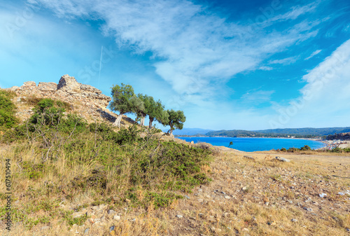 Summer sea top view with Trani Ammouda beach (Ormos Panagias, Halkidiki, Greece).