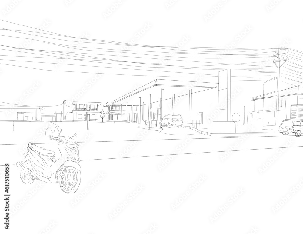 a sketch of urban vehicles and buildings, on a white background