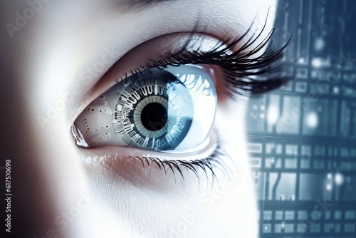 eye of the hacking, Securing the Digital Realm: A Captivating Close-Up Photograph of an IT Security Symbol Reflected in a Human Eye, Revealing the Intricacies of Protection and Privacy with Elegantly  photo