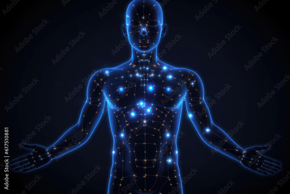 Human body silhouette with energy points for chinese medicine therapy. Male anatomical model on dark background. Health care and treatment. Created with Generative AI
