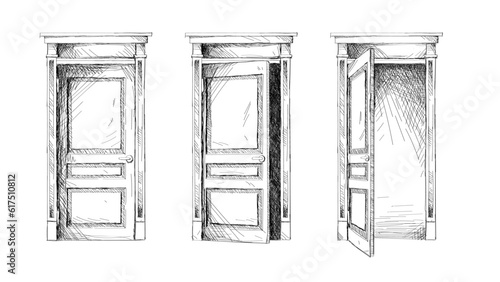 Open, ajar and closed doors, black line sketches set vector illustration. Outline front view of entrance to home or office in hand drawn style, sketchy wall with wooden doors, handles and doorways