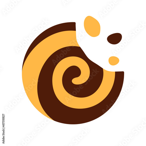 Swirl chocolate vanilla cookie flat icon isolated on white background. Baked treat element with crumb, missing bite symbol. Homemade meal design. Broken sweet snack. Bitten dessert vector illustration