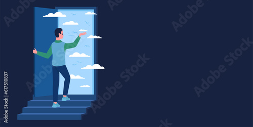Cartoon man standing on stairs in front of open door to heaven, beauty of summer blue sky with clouds inside of doorway. Fantasy, psychology and way to unknown future concept vector illustration