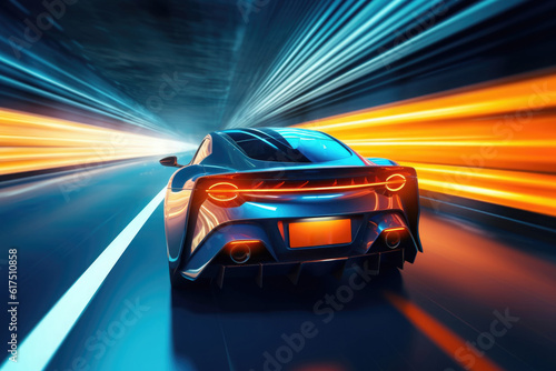 Car silhouette with motion blur effect. Futuristic sports car at night road with light effects. Supercar acceleration at night track with colored light trails. Created with Generative AI © Lazy_Bear