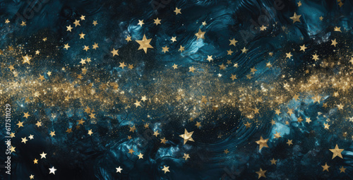 Background with abstract sparkles on blue background. Golden glitter particles on dark background. Abstract festive background. Created with Generative AI