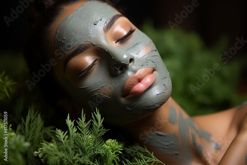 Showcasing the use of a clay mask to detoxify and purify the skin, skincare routine, natural light, affinity, bright background Generative AI