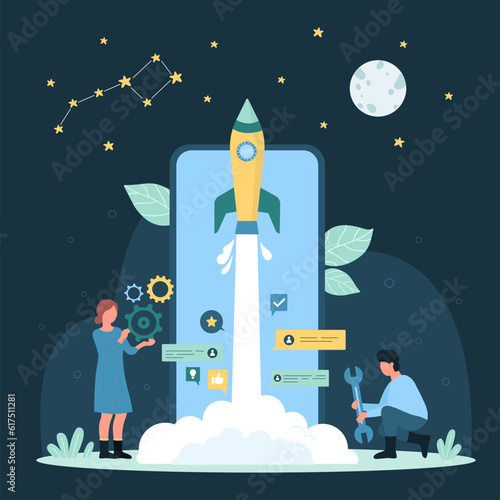 Cartoon tiny people launching rapid rocket from screen of phone, boost startup ideas and project release service. Mobile app launch and development of smartphone application vector dark concept