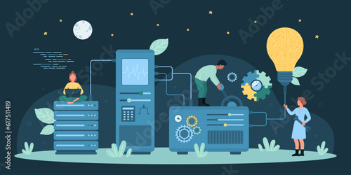 Cartoon tiny people develop product with devices and laboratory equipment, light bulb and tools, creative work process of technical support service. Web development technology dark vector illustration