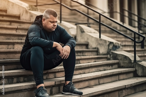 Canvas Print Sad obese man sitting on the stairs after exercise, created with Generative AI