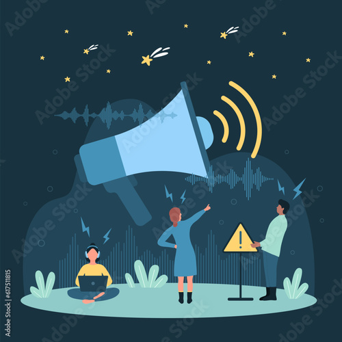 Cartoon tiny people suffering from loud sound and noisy spam of marketing announcement and speech, standing near big megaphone and exclamation mark symbol. Noise pollution vector illustration.